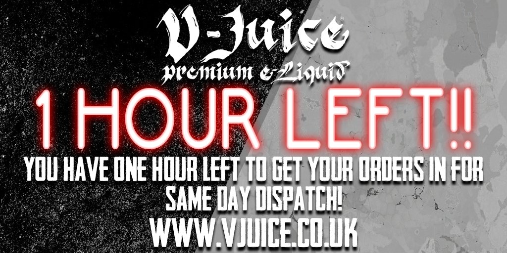 VjuiceEliquid's tweet photo. ⚠️ LESS 1 HOUR LEFT ⚠️

You have less than 1 hour to get your orders in to qualify for same day dispatch, Cut off is 2pm so get the orders in guys.

Use code VJ10 for 10% OFF
...
https://t.co/jSfF59gi6T
...
#vjuice #vjuicearmy #vape #vaping #eliquid #sameday https://t.co/8XbhajI3NB