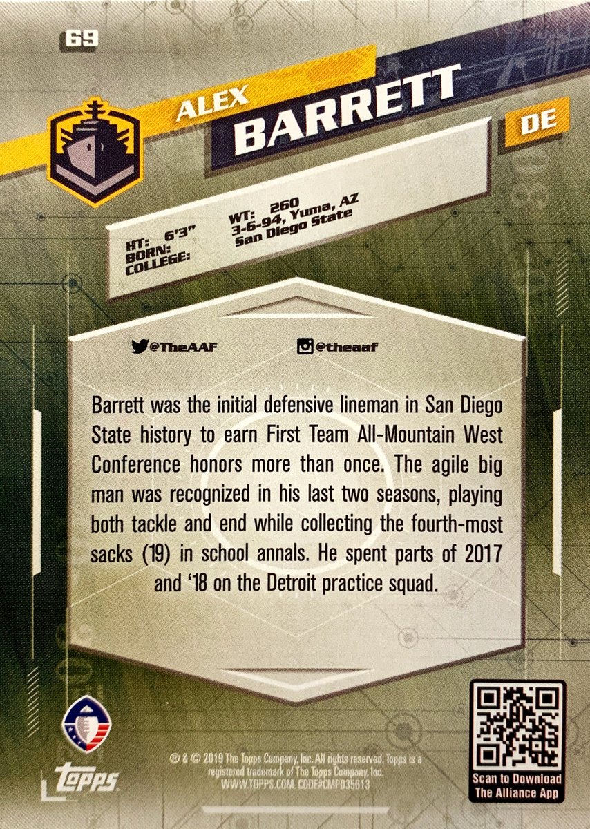 AAFCards's tweet photo. Playing for the Alliance in 2019, recorded 15 tackles and 2 sacks. Spent time with #NFL #DetroitLions, #OaklandRaiders, &amp; #SanFrancisco49ers.

Alex Barrett #SanDiegoFleet - 2019 #Topps #AAF #69

#AAFCards #TradingCards #AllianceOfAmericanFootball #Football https://t.co/q4KXoZa7QC