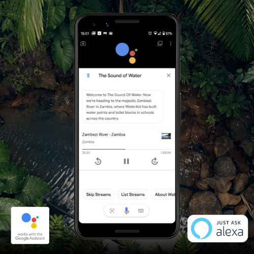 voxlydigital's tweet photo. Take some time out today and transport yourself to the banks of the Zambezi river, or a waterfall in Kathmandu with @WaterAid's #voice app.
Try it now....
🗣️"Alexa, enable The Sound of Water"
🗣️"Hey Google, talk the The Sound of Water"
More info here: https://t.co/zozCAZu9On https://t.co/lOMnKycMns
