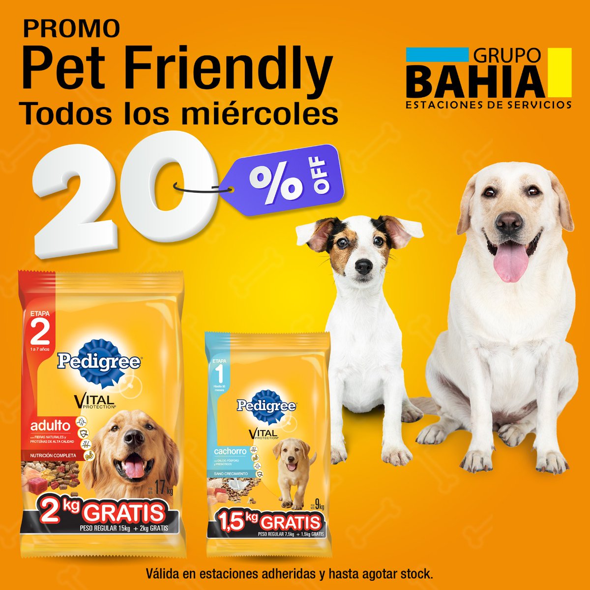 Miércoles de descuentos en comida para tu perro 🐶🐾
En Estaciones Bahia sabemos que tu mascota tiene que estar bien alimentada. Por eso, llevate el 20% de descuento.  
Válida en estaciones adheridas y hasta agotar stock.
