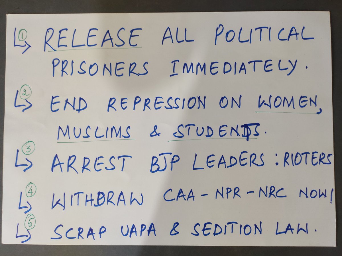 meeracomposes's tweet photo. Each of these 5 demands are equally important in our ongoing resistance against the fascists. 

While the state tries to exhaust our energies in battling arbitrary cases &amp; draconian laws, we must not forget that the struggle is as much an ideological one. ✊🏽

#sabyaadrakhajaega https://t.co/Nkbnm0OxQe