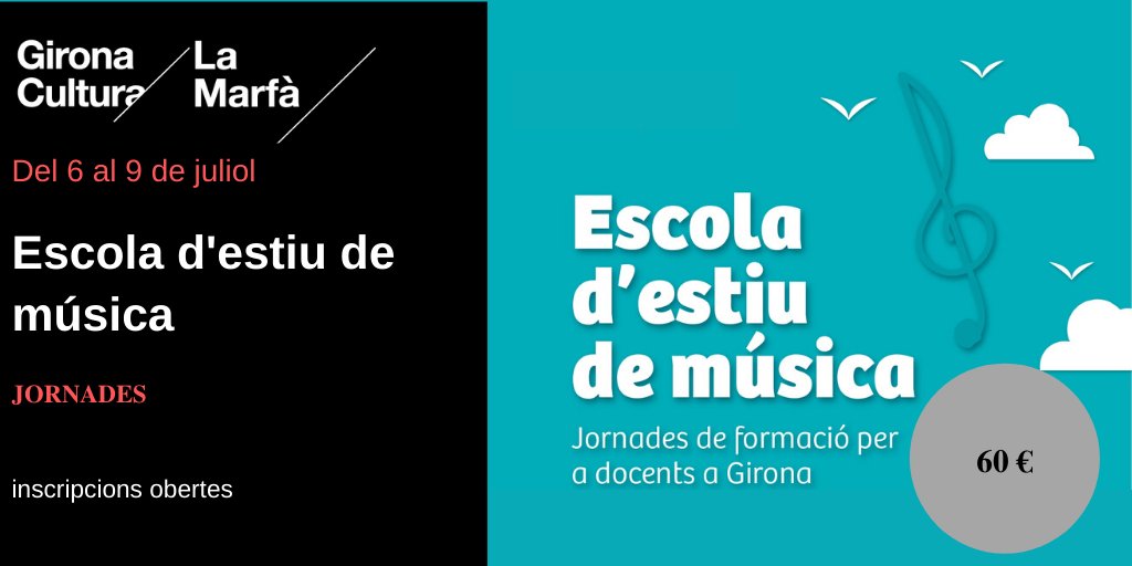 La Marfà (@lamarfamusica) on Twitter photo 🎼 Aquest juliol, us esperem a Escola d'estiu de música. Jornades de formació per a docents a Girona.
Del 6 al 9 juliol
➡ Inscripcions bit.ly/Escolaestiumús…. Enriquiu la vostra formació i amplieu recursos per aplicar de manera pràctica a l’aula.
<a href="/SantiSerratosa/">Santi Serratosa</a> <a href="/Oriol_Ferre/">Oriol Ferré Puntos</a> 🎼 Aquest juliol, us esperem a Escola d'estiu de música. Jornades de formació per a docents a Girona.
Del 6 al 9 juliol
➡ Inscripcions bit.ly/Escolaestiumús…. Enriquiu la vostra formació i amplieu recursos per aplicar de manera pràctica a l’aula.
<a href="/SantiSerratosa/">Santi Serratosa</a> <a href="/Oriol_Ferre/">Oriol Ferré Puntos</a>