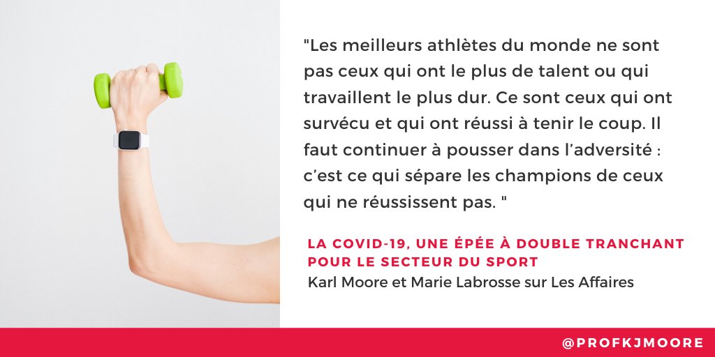 profkjmoore's tweet photo. My latest for @la_lesaffaires about the changes in the sporting and fitness industry caused by #COVID19. Thanks to Craig Buntin of @Sportlogiq and Edgar Brown of @MyFitDrive for their insights.
https://t.co/lwIbyQvmPE https://t.co/eepkP8booB