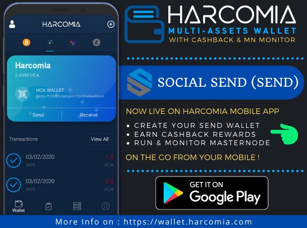 We are proud to ann that <a href="/SocialSendCoin/">SEND Exchange</a> has now been integrated on Harcomia Mobile app. 

Make fast $SEND transaction, and monitor Masternode on the go !

Get Harcomia Multi-Asset Wallet with cashback and masternode monitor today !

play.google.com/store/apps/det…

$btc $ltc #masternode