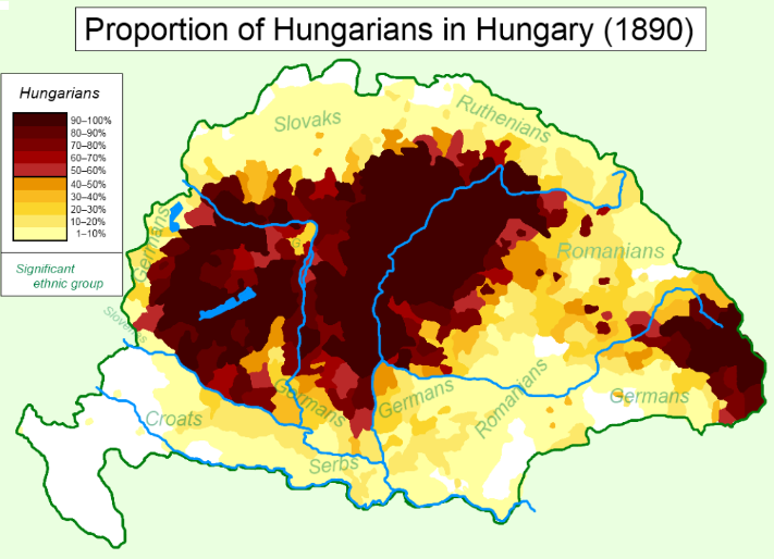 Another awkward part of the nationalist narrative is the areas that were taken away were predominantly (though not always) areas that were not majority Hungarian. As such the majority Hungarian part of this map doesn’t look massively different to the outline of...Hungary. #Trianon