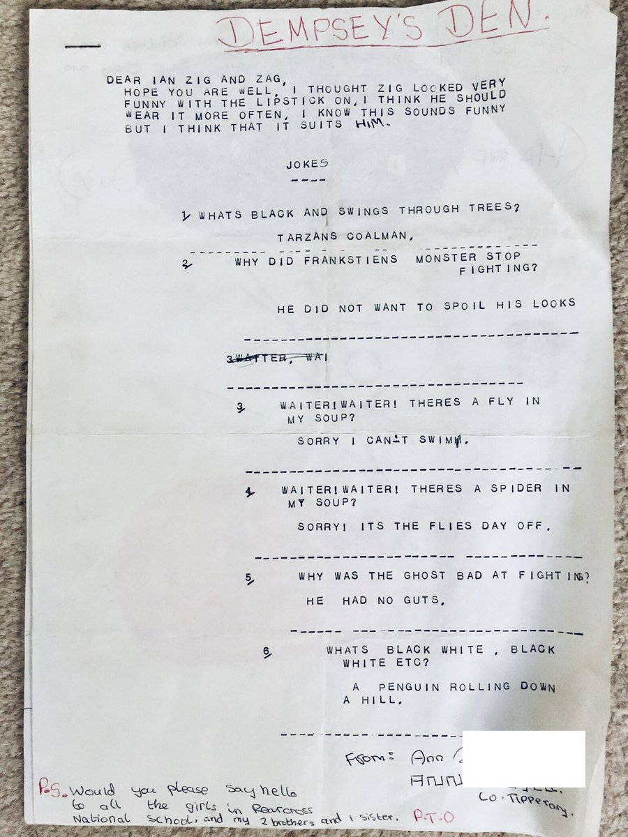 DoubleZCreative's tweet image. In 1988 Anne from Tipp sent us in to #DempseysDen this fab pic and typed up jokes (fancy!) and most importantly let us all know that Tom and Pat are twins, but not identical (unlike Zig and Zag who are!😉) I wonder if she still introduces her brothers that way? #POBox2222