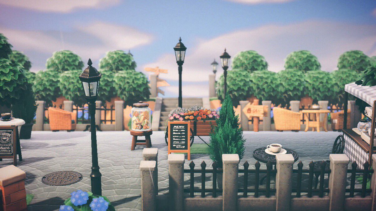 Twitter இல あゆむ 住宅街前広場 オープンカフェをイメージしました 階段の先が住宅街になってて 案内所との間にあるので 住民がよく通ります 4枚目 ちょうど雨上がりで石畳が光っててきれいでした 今回のあつ森のグラフィック 光の感じがすごく好きです