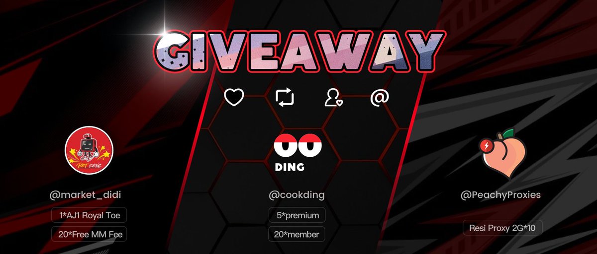 欢迎新朋友加入这个大家庭，关注<a href="/market_didi/">DiDi Market</a> <a href="/cookding/">Ding Cook</a> <a href="/PeachyProxies/">PeachyProxies™ 🍑⚡</a> 
点赞 转发并@五个好友，Like+RT+@
即可获得:
AJ1 Royal Toe*1 免费MM Fee*20
cookding  premium*5 membership*5
Peachy Resi proxies 2G*10