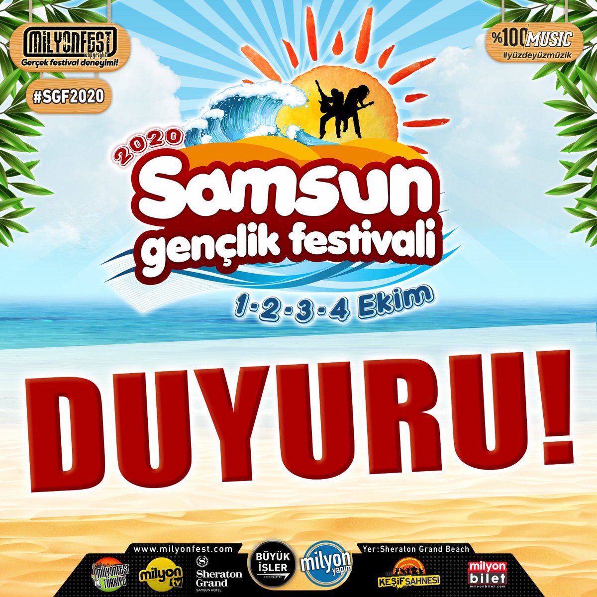 Ülkemiz ve tüm Dünya’yı etkisi altına alan Covid-19 nedeni ile 4-7 Haziran tarihlerinde Samsun’da yapılması planlanan Samsun Gençlik Festivali 01-04  Ekim tarihlerine ertelenmiştir.

Biletiniz yeni tarihlerde geçerlidir🔺