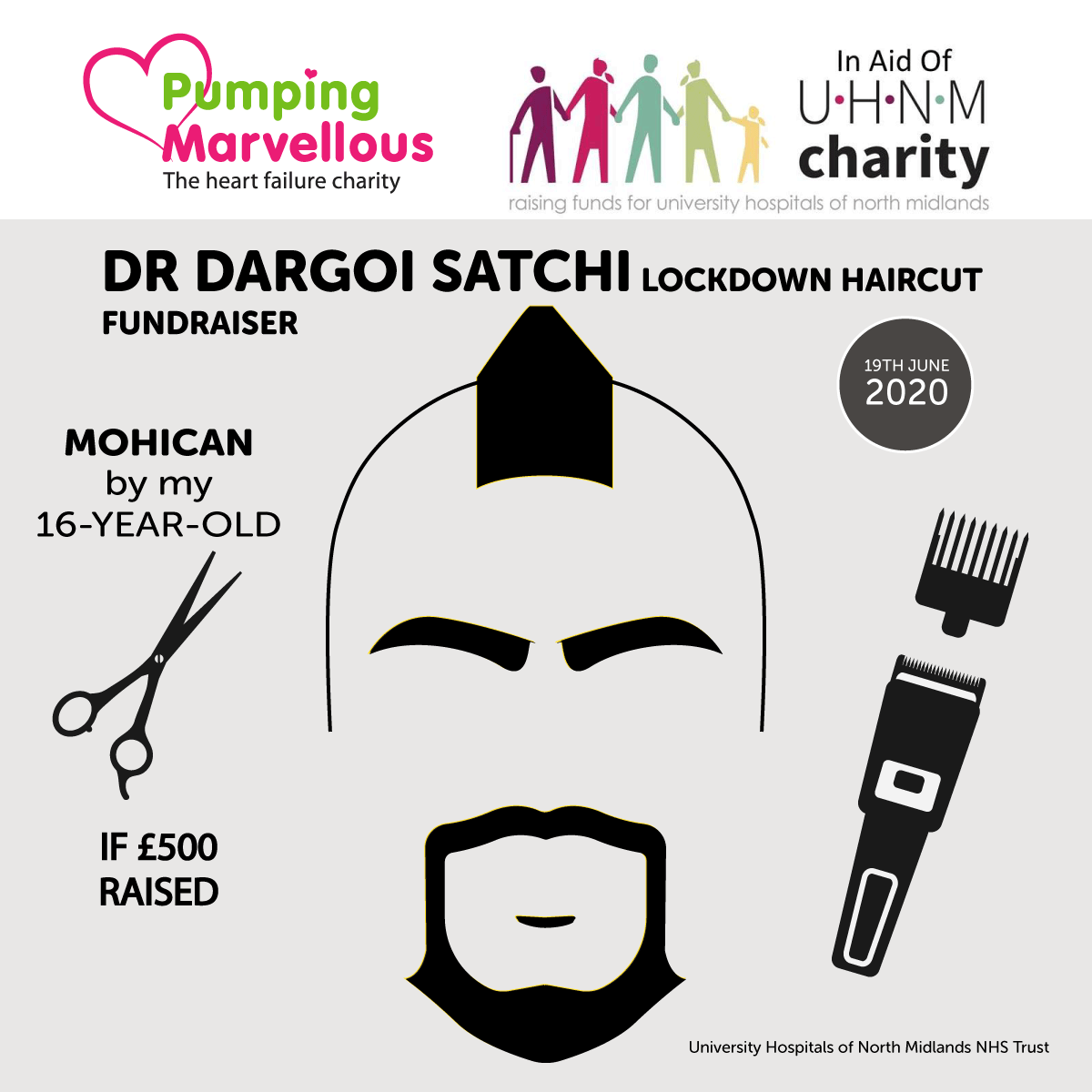 UHNMCharity's tweet photo. Consultant Cardiologist Dr Dargoi Satchi is bravely putting his hair in YOUR hands for UHNM Charity!

Needing a lockdown haircut, the heart failure specialist will let the amount he raises determine what is next style is, and who cuts it!✂️➡️ https://t.co/VHG8lFwhPC

🌈❤️ https://t.co/qCFYDBfOnD