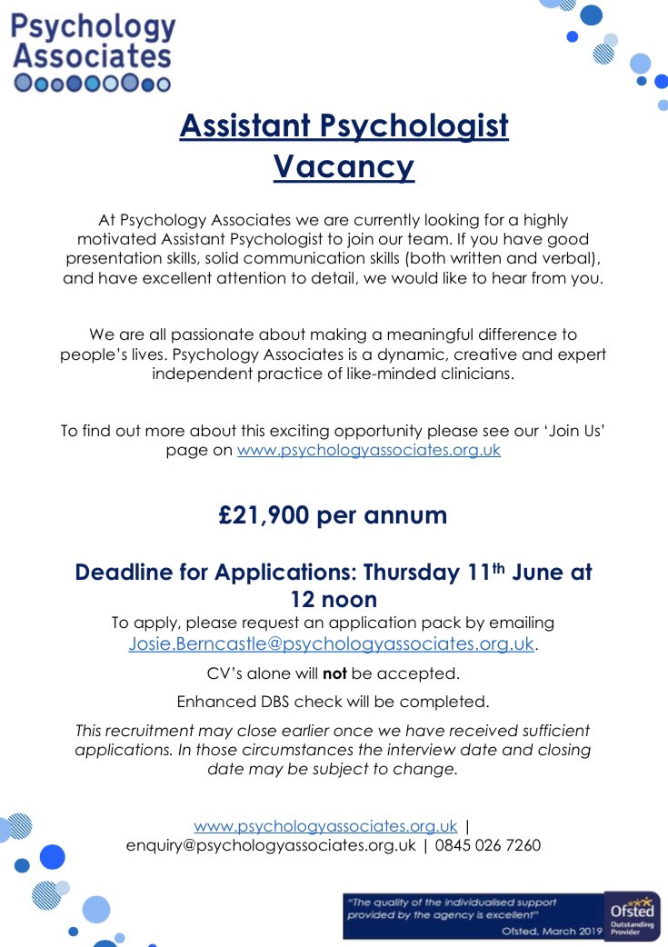We have an exciting new vacancy for an Assistant Psychologist. Please see below for more information. #mentalhealth #opportunity