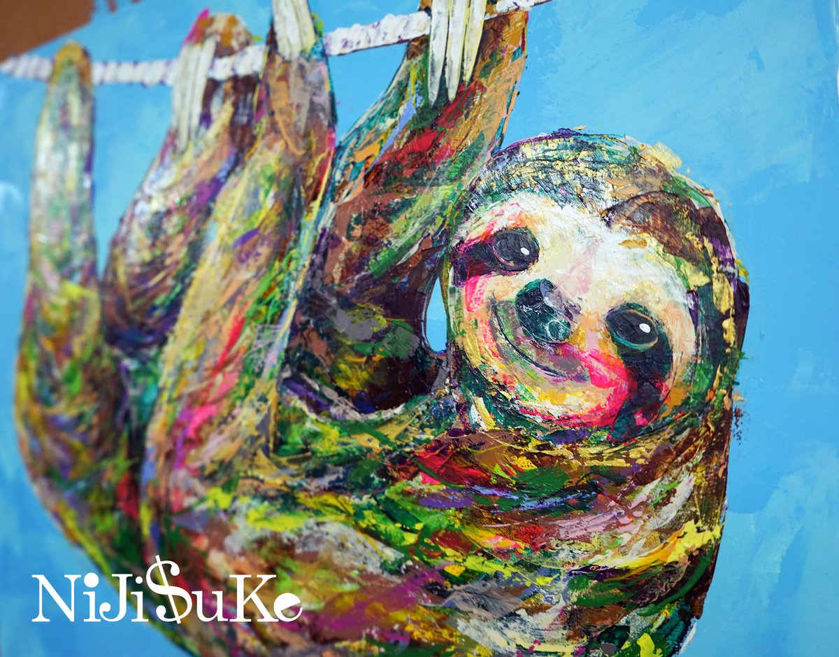 原画『 Hang ing 』アクリル水彩画 絵画 アート イラスト ナマケモノ ナマケモノ🦥🍎💛 . . . . . #mocchicolor #つくし賞
