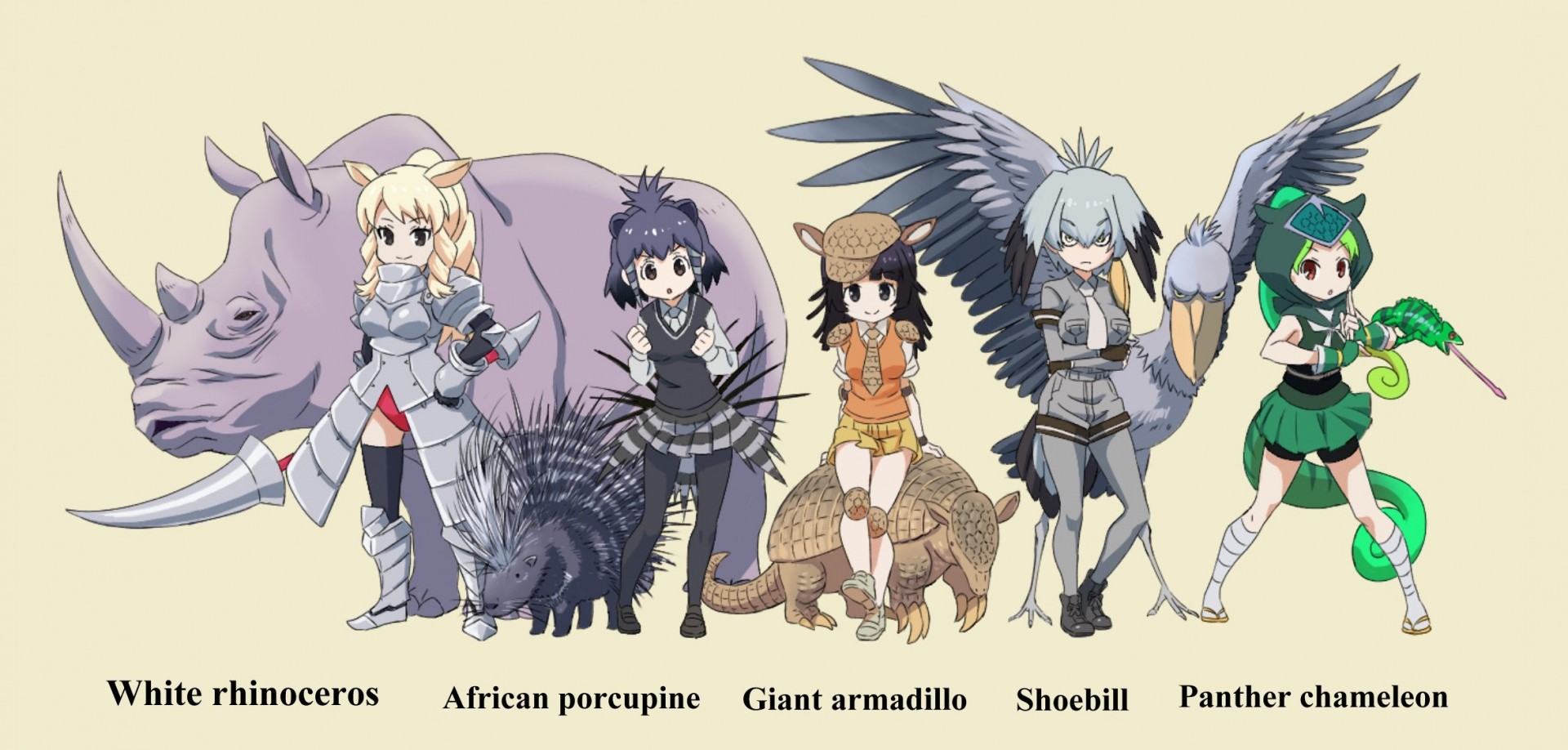 山口よしみ けものフレンズ6話より シロサイ アフリカタテガミヤマアラシ オオアルマジロ ハシビロコウ パンサーカメレオンです 元動物で見ると中々強そうな動物が多いですね けものフレンズ フレンズ化前と並べてみました T Co Nv3zocqo1r