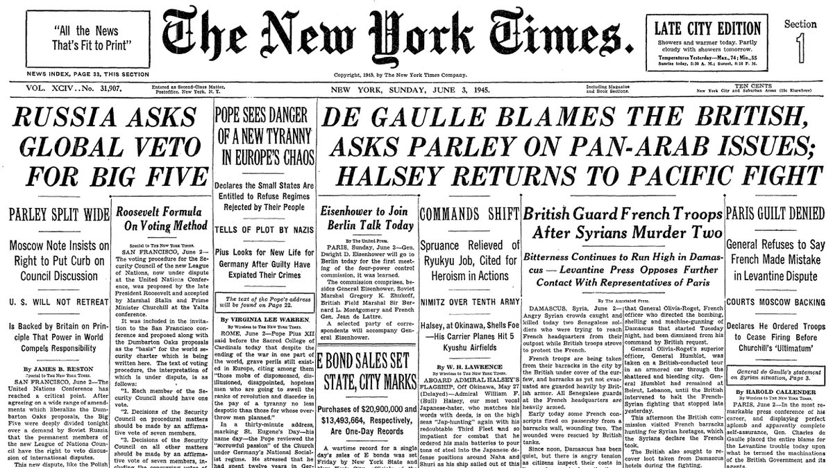 June 3, 1945: De Gaulle Blames the British, Asks Parley on Pan-Arab Issues; Halsey Returns to Pacific Fight  https://nyti.ms/2XZUa5R 