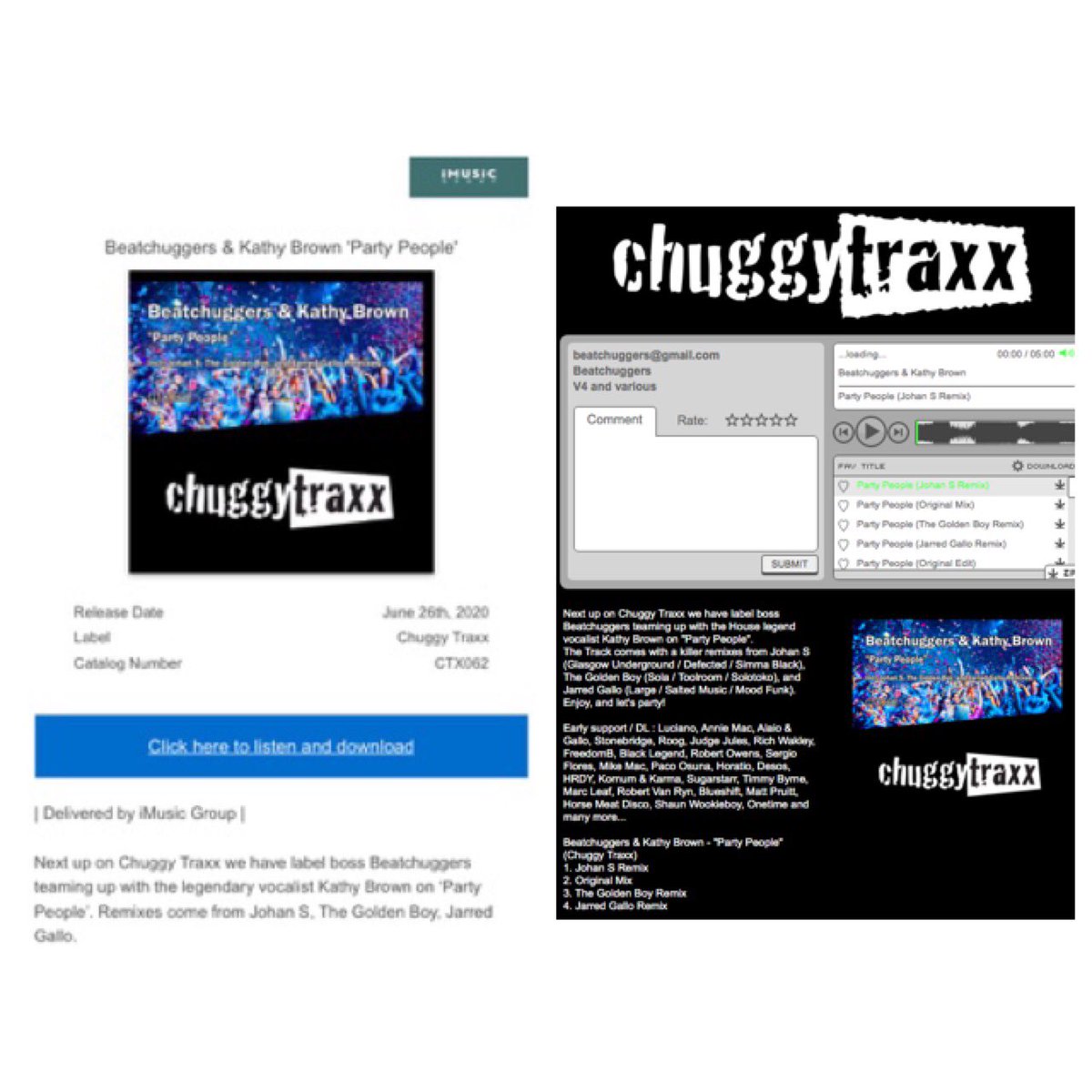 ChuggyTraxx's tweet photo. New release @ChuggyTraxx - Check your promo inbox!
Just send out our next one by label boss #Beatchuggers &amp; @KathybrownDiva "Party People". Huge remixes by @realJohanS, @thegoldenboyUK and @Jarred_Gallo. Great early feedback - Coming soon 🙌😎🔥
#PartyPeople #Inflyte #Fatdrop #DJ https://t.co/aIqVdorkUv