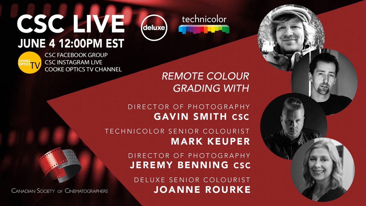 Tomorrow at 12pm EST, join #DeluxeToronto's Joanne Rourke, for a Remote Colour Walk Through with @csc_cdn! #cineliveguide

CSC Facebook Group: facebook.com/groups/canadia…
CSC IG: instagram.com/canadiancinema…
Cooke Optics TV: youtube.com/channel/UC-Ya9…

#colorgrading #postproduction #film #tv