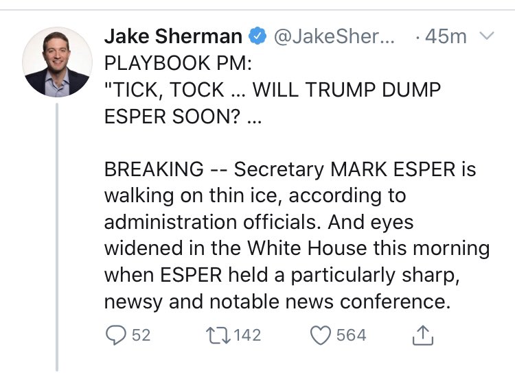 SecDef publically disagrees with a POTUS in a major way. No Admin would be thrilled especially Trump. Right? Obama fired a General for speaking up, but leave it for this SHAMELESS GRIFTER Swan (followed by Sherman) to tweet as if sources are telling him soemthing tangible.