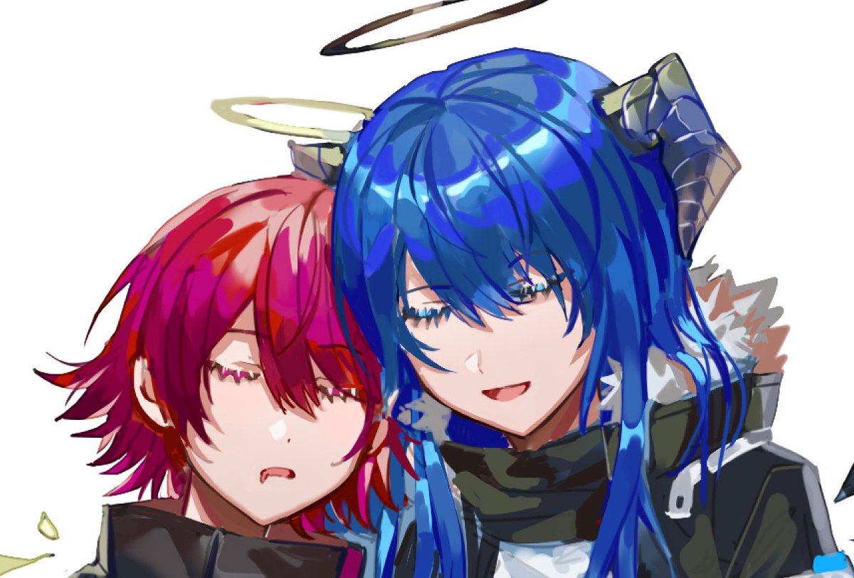 exusiai (arknights) ,mostima (arknights) multiple girls 2girls halo blue hair red hair closed eyes horns  illustration images
