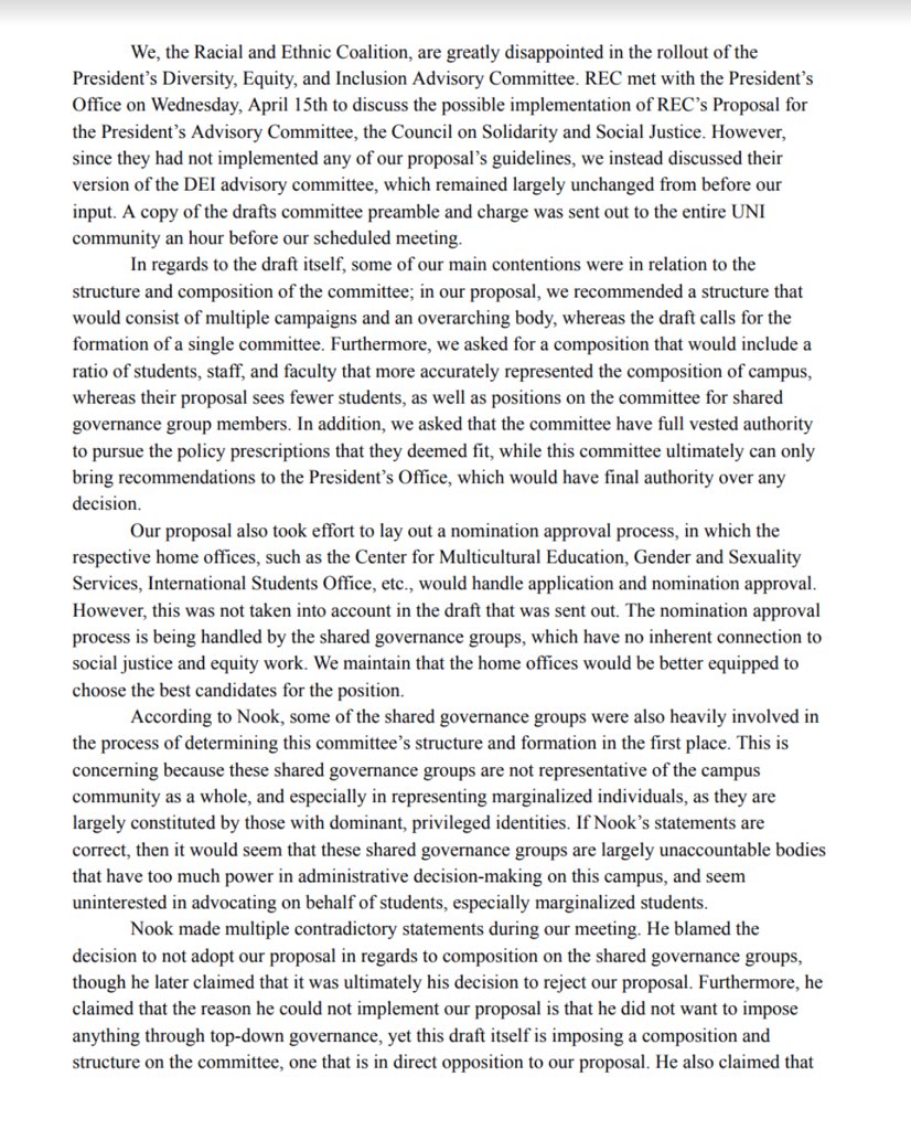UNIisnotanAlly's tweet photo. This is our response to the President's rollout of the Diversity, Equity and Inclusion Advisory Committee at UNI. We are disappointed, but we are certainly not surprised. Our proposal mentioned can be found at the link below: https://t.co/FZqfeddz8h https://t.co/Iav8EHd465