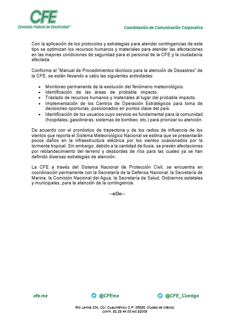 ManuelBartlett's tweet photo. Tras el impacto de la tormenta tropical Cristóbal en Campeche, la @CFEmx ha restablecido la electricidad al 87% de los usuarios afectados y dispuso 2 mil 281 trabajadores para atender posibles estragos en 7 entidades.
Comparto el boletín de prensa: https://t.co/Gs22pFFnv6 https://t.co/2YCLanQhkY