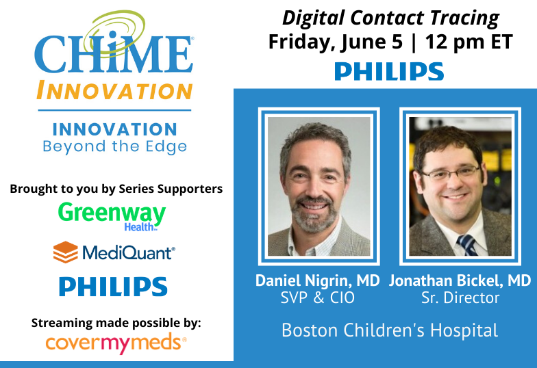 CIOCHIME's tweet photo. There's still time to register and join us for Innovation Beyond the Edge this Friday, to learn more about Digital Contact Tracing at Boston Children's Hospital.
Don't miss out! Register to attend: https://t.co/PSO8GQIyVd
Thanks to our Segment Supporter, @Philips! https://t.co/xoyTRtDtPr