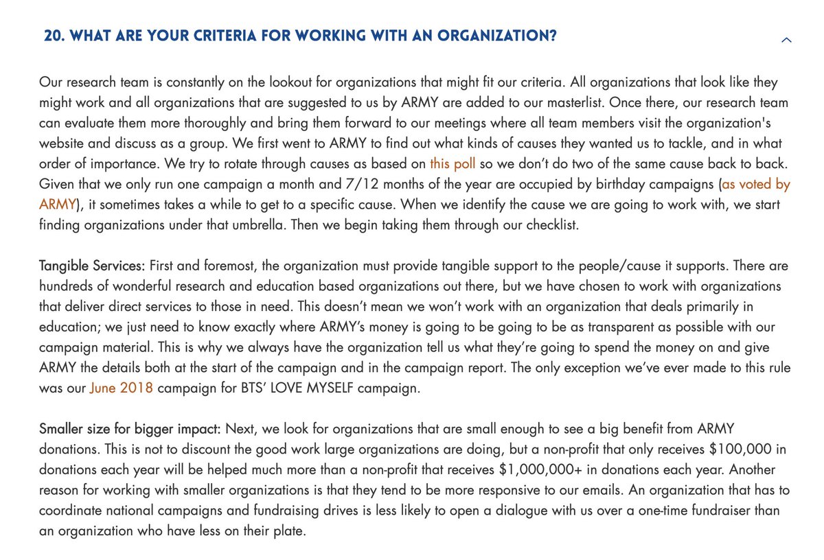 i was curious about these guidelines for how the fandom chooses orgs and took a look at the faq and the guidelines are more specific, transparent, and inclusive than that of pretty much any other organization i've ever seen  https://twitter.com/OneInAnARMY/status/1267532447379533826