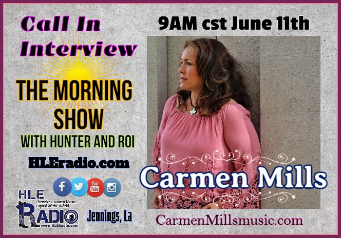 Tune in to HLERadio.com June 11th at 9am CST to #listen to our #RecordingArtist <a href="/carmenpmills/">carmen mills</a> #LIVE #Radio #Interview on <a href="/HLERadio/">Hle Radio</a> in #Illinois! #Thankyou!!! 🎤🎶

CarmenMillsMusic.com

#Nashville #RecordLabel <a href="/NEWRMusic/">NEWRMusic</a> with <a href="/JillSantibanez/">Jill Santibanez</a> &amp; <a href="/TJCatesActor/">TJ Cates</a>