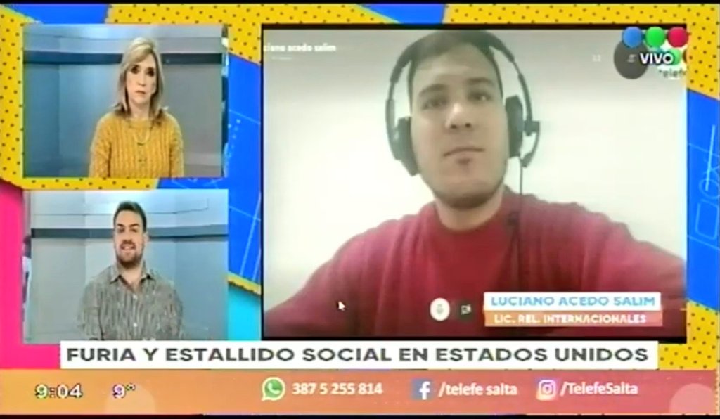 LuchiAcedoSalim's tweet photo. Dialogando en #SaltaDirecto con Emilce Amado y @GonzoCermele por @telefesalta sobre el estallido social en Estados Unidos 🇺🇸 tras el asesinato de George Floyd. https://t.co/y9DdGu6IYn