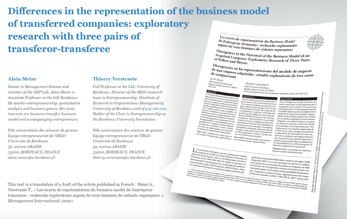 Differences in the representation of the business model of transfered companies : exploratory research with three pairs of transferor-transferee
Lecture accessible à cette adresse
grp-lab.com/ouvrages/diffe… 
#entrepreneurship  #businessmodel <a href="/univbordeaux/">Université de Bordeaux</a> <a href="/GRPLab/">GRP Lab</a>