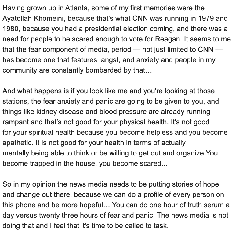 semaforben's tweet photo. I asked @killermike yesterday what he meant about CNN "feeding fear and anger" during his Atlanta speech. He said he didn't mean to single out CNN, but said that the media is "not good for your physical health." Here's the full response: https://t.co/FGjpbQ3ciZ