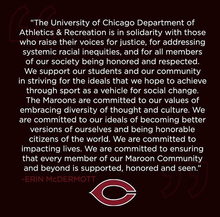 UChicagoWBB (@uchicagowbb) on Twitter photo โWe see you Maroons, and we support you.โ
- Erin McDermott, <a href="/UChicago/">The University of Chicago</a> Director of Athletics and Recreation โWe see you Maroons, and we support you.โ
- Erin McDermott, <a href="/UChicago/">The University of Chicago</a> Director of Athletics and Recreation