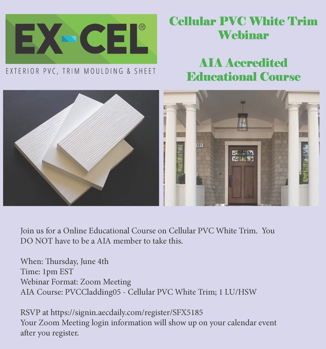 Jain_Building's tweet photo. Join us tomorrow at 1pm for an #aia accredited educational course (1 LU/HSW). You DO NOT need be an AIA member or an architect to join! #learnaboutit #pvctrim #aiaces Don’t forget to RSVP! https://t.co/9oGkEKiwPu