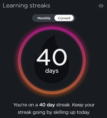 SQLMCT's tweet photo. New learning streak record. (Well, for me anyway.) Forty days of @pluralsight. #Goingfor50 https://t.co/VsT6uRpd9n