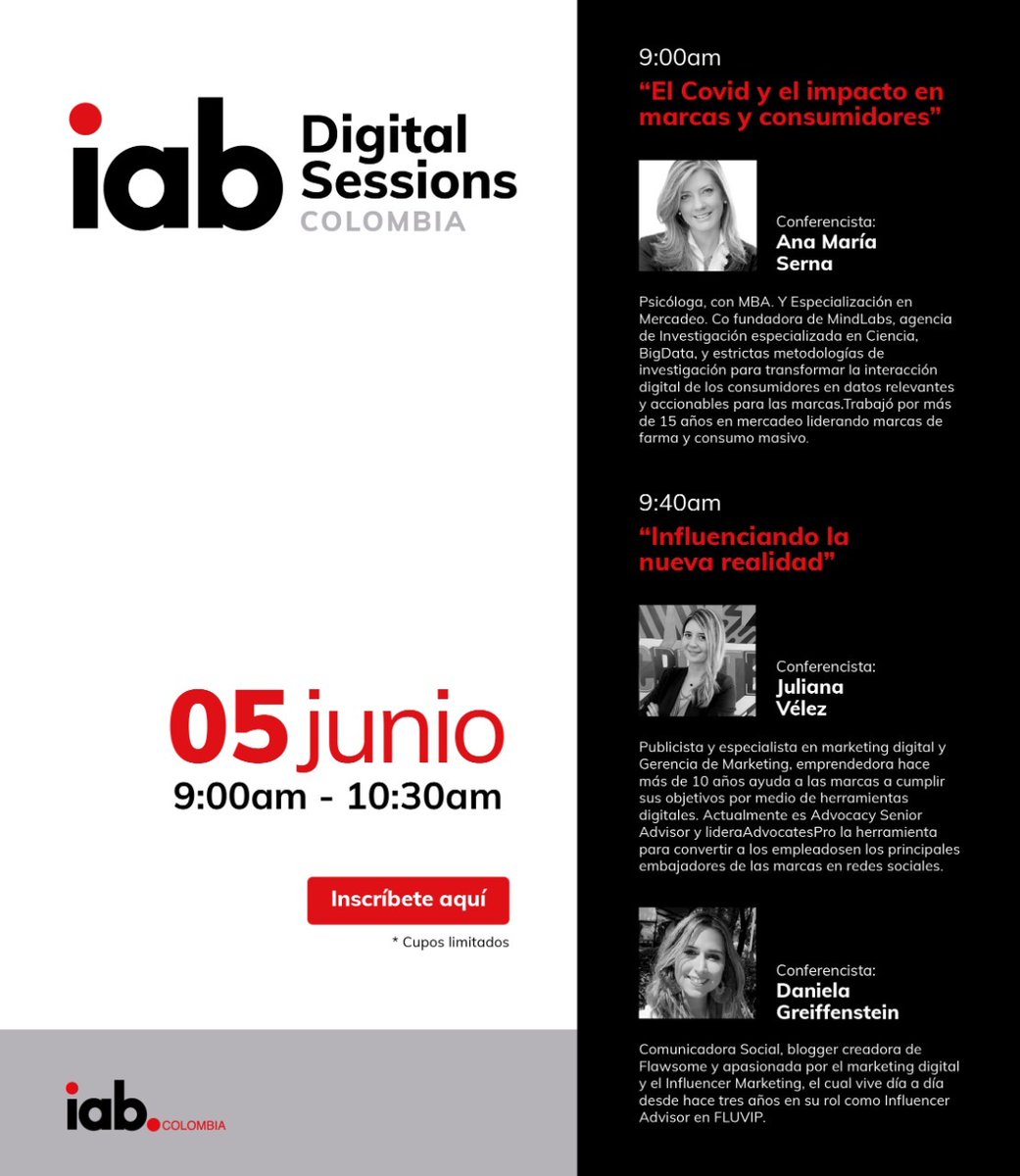 posada888's tweet photo. Junto con el  @iabcolombia les daremos a las marcas un panorama sobre la comunicación y el comportamiento del consumidor en tiempos de crisis.  Viernes 5 de Junio 9:00am Hora Colombia Regístrate en el link: https://t.co/WETUtwaGrO ¡Agéndate de acuerdo a la hora de tu país! https://t.co/kaGE5x7jbd