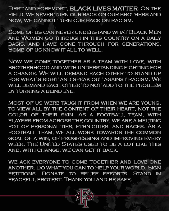 Ravens_FB's tweet photo. A statement put together by the @Ravens_FB Elite Leadership Council. #FPUnity #BlackLivesMatter #BLM 
✊🏿✊🏽✊🏻🙏 https://t.co/EvtYe2AtlW