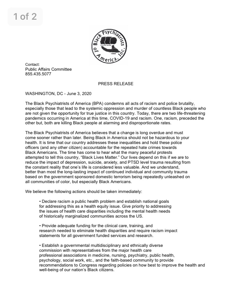 BPA_INC's tweet photo. Black Psychiatrists of America, Inc. Position Statement on Police Brutality. https://t.co/8BkIulpfuS