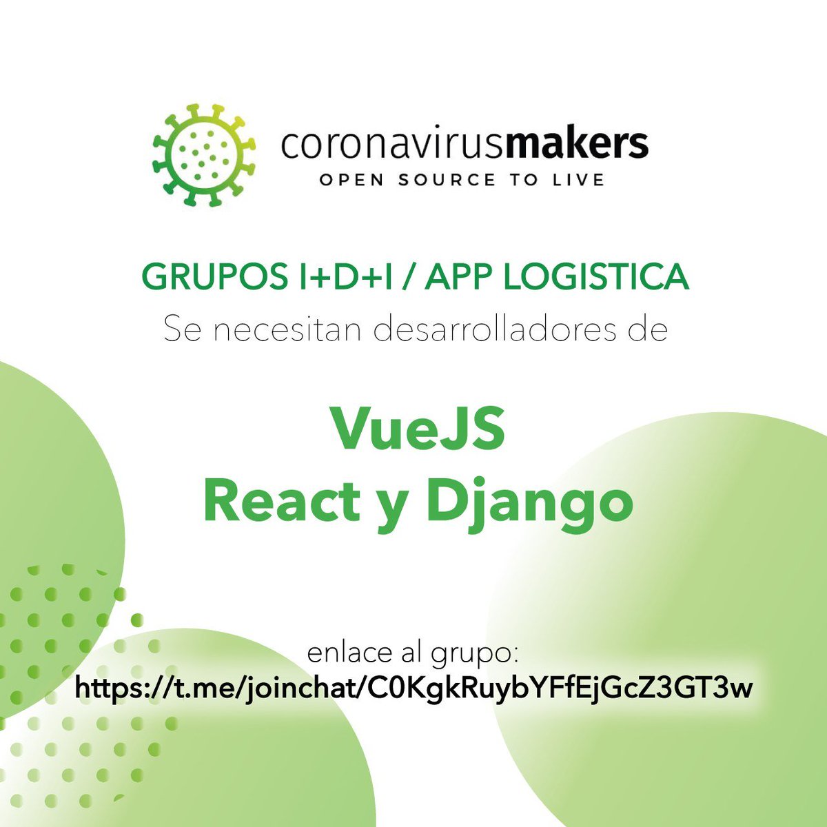 Amigas, <a href="/CoronavirusMak3/">CoronavirusMakers.org</a> necesita un poquito de ayuda

únete al grupo de VueJS / React y Django en: t.me/joinchat/C0Kgk…