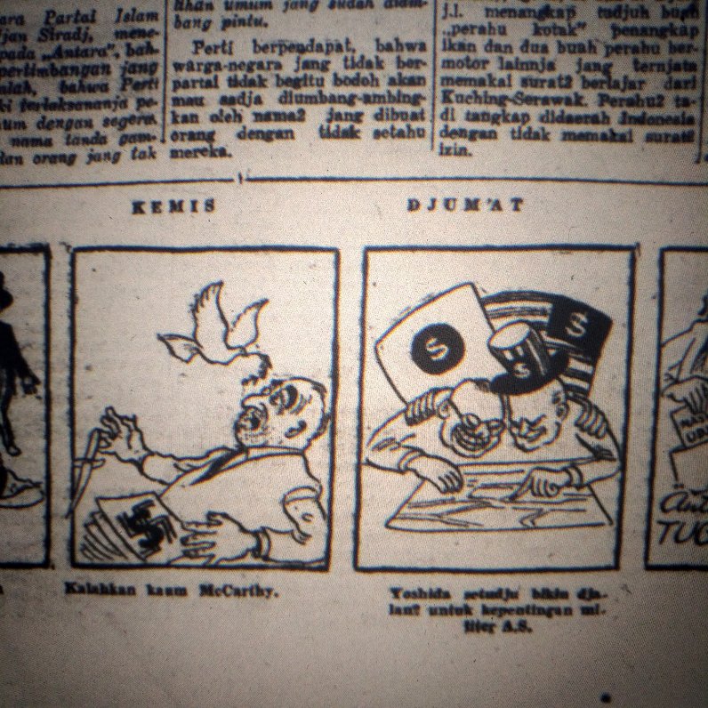 These are illustrations from the Afro-Asian Journalist, and from Harian Rakyat. They usually depicted the postcolonial world rising up heroically against the white imperialists, whom they often portrayed as bumbling fools