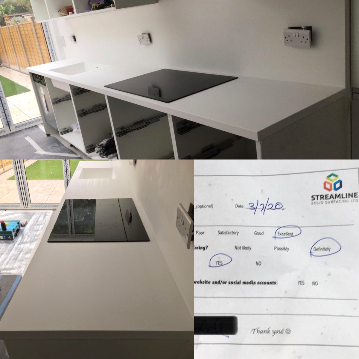 A #kitchen #worktop installation using #himacs ‘Alpine White’ with moulded sink, drainer grooves &amp; a full length splash back.
#SOLIDSURFACE:
✔️seamless 👌🏼
✔️non-porous~no water absorbed🚱
✔️hygienic ~no bacteria absorbed!🦠
✔️repairable if scratched/damaged!🆘
✔️curved designs🌀