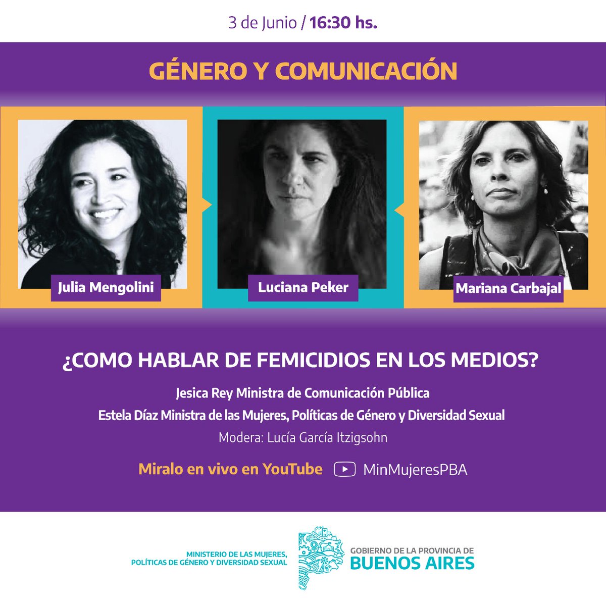 MinMujeresPBA's tweet photo. ¿Cómo hablar de femicidios en los medios?

#3deJunio
Las Ministra @JesicaRey y @EstelaDiaz63 dialogan con las periodistas @Marian_Carbajal, @lucianapeker y @juliamengo. Modera la Directora Provincial de Comunicación @Lucia_GI

#PolíticasDeGénero
#NiUnaMenos
#EstadoPresente https://t.co/DPuGweXXhI