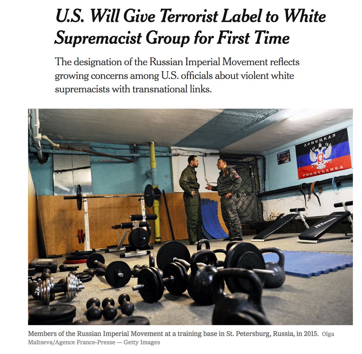 In April 2020, the  @StateDept designated an ultra-nationalist group based in Russia as a terrorist organization, the first time (!) the US government applied the label to a white supremacist group:  https://www.nytimes.com/2020/04/06/us/politics/terrorist-label-white-supremacy-Russian-Imperial-Movement.html