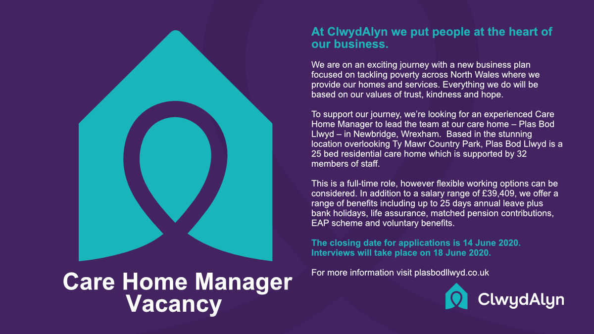 ClwydAlyn (@clwydalyn) on Twitter photo We are looking for an experienced Care Home Manager to lead the team at our Care Home – Plas Bod Llwyd in #Wrexham. For more information visit plasbodllwyd.co.uk/work-for-us-pl… and to apply:
recruitment.clwydalyn.co.uk/recruitment.ht…
The closing date for applications is the 14 June. #ClwydAlynJob #Jobs We are looking for an experienced Care Home Manager to lead the team at our Care Home – Plas Bod Llwyd in #Wrexham. For more information visit plasbodllwyd.co.uk/work-for-us-pl… and to apply:
recruitment.clwydalyn.co.uk/recruitment.ht…
The closing date for applications is the 14 June. #ClwydAlynJob #Jobs