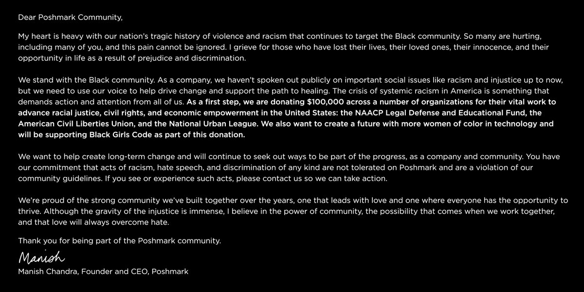An open letter from our CEO: we stand with the Black community in solidarity. 

We're donating $100K to organizations that work to support racial justice, civil rights, economic empowerment &amp; advancement of WOC in tech:

👉<a href="/naacp_ldf/">Legal Defense Fund</a> 
👉<a href="/aclu/">ACLU</a>
👉<a href="/naturbanleague/">National Urban League</a>
👉<a href="/blackgirlscode/">Black Girls Code</a>