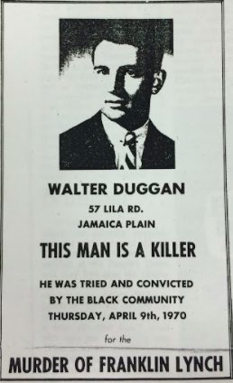 The mock-trial’s sentencing was ahead of its time: today, we might say they doxxed him. They printed up 10,000 posters, with Duggan’s name and face and address on them, saying that he had been tried and convicted of murder by the black community.