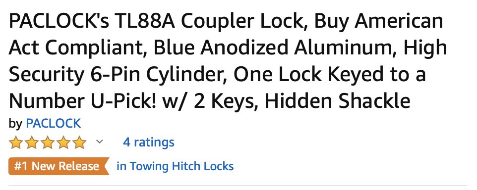PACLOCK_PREZ's tweet image. PACLOCK's new TL88A trailer coupler lock earns Amazon's "#1 New Release" award!!! Thank you to everyone who gave us feedback and your thoughts back when we were working on the design a few months back! This has been a real hit to say the least! #BeatMaster #BestDamnPadlocks