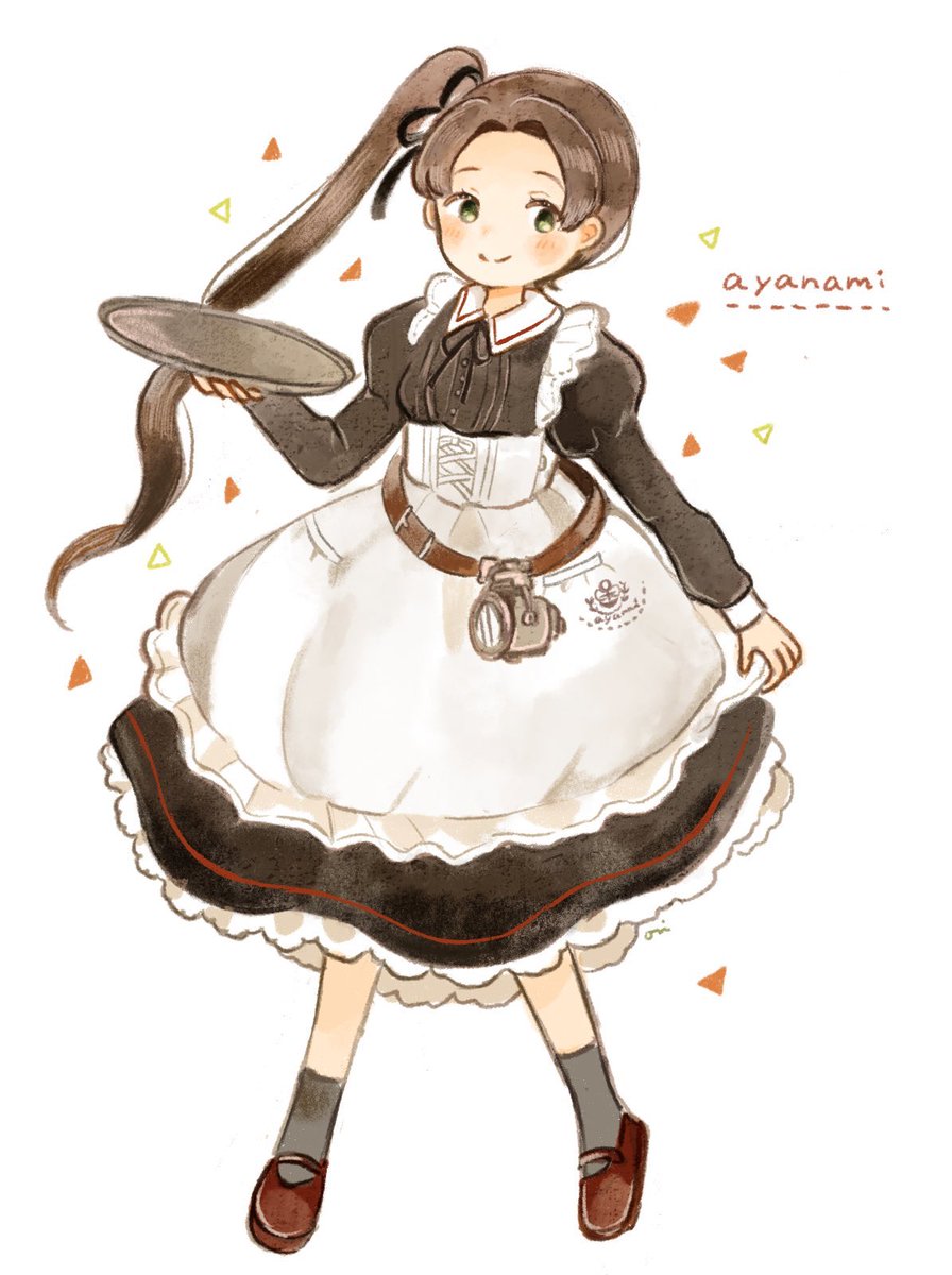 ayanami (kancolle) 1girl long hair solo apron brown hair alternate costume side ponytail  illustration images