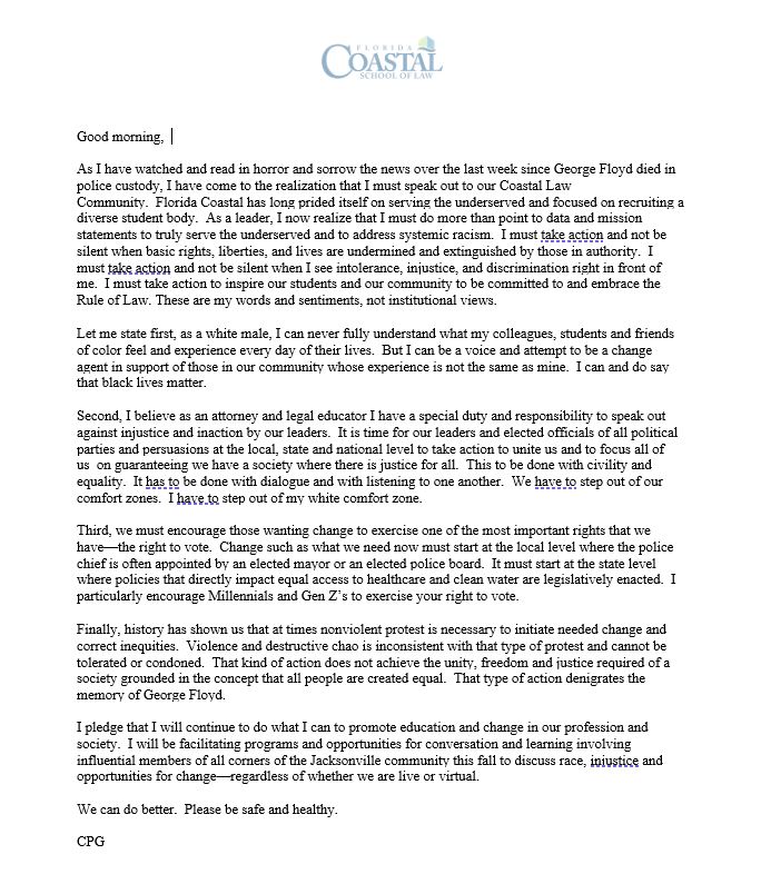 Please read below the message Dean Goplerud sent to the Florida Coastal Community yesterday in reflection on the events happening this past week in our country.