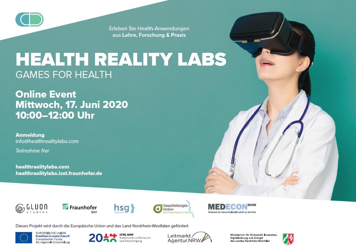 WolfgangDeiters's tweet photo. Online Event: Games for Health - Wie kann AR/VR die gesundheitliche Versorgung verbessern? Projektvorstellungen powered by #HealthRealityLab mit @hsgbochum, @FraunhoferISST, gluonstudios
https://t.co/6t5orbZRB5 https://t.co/ebYLTGr5tI