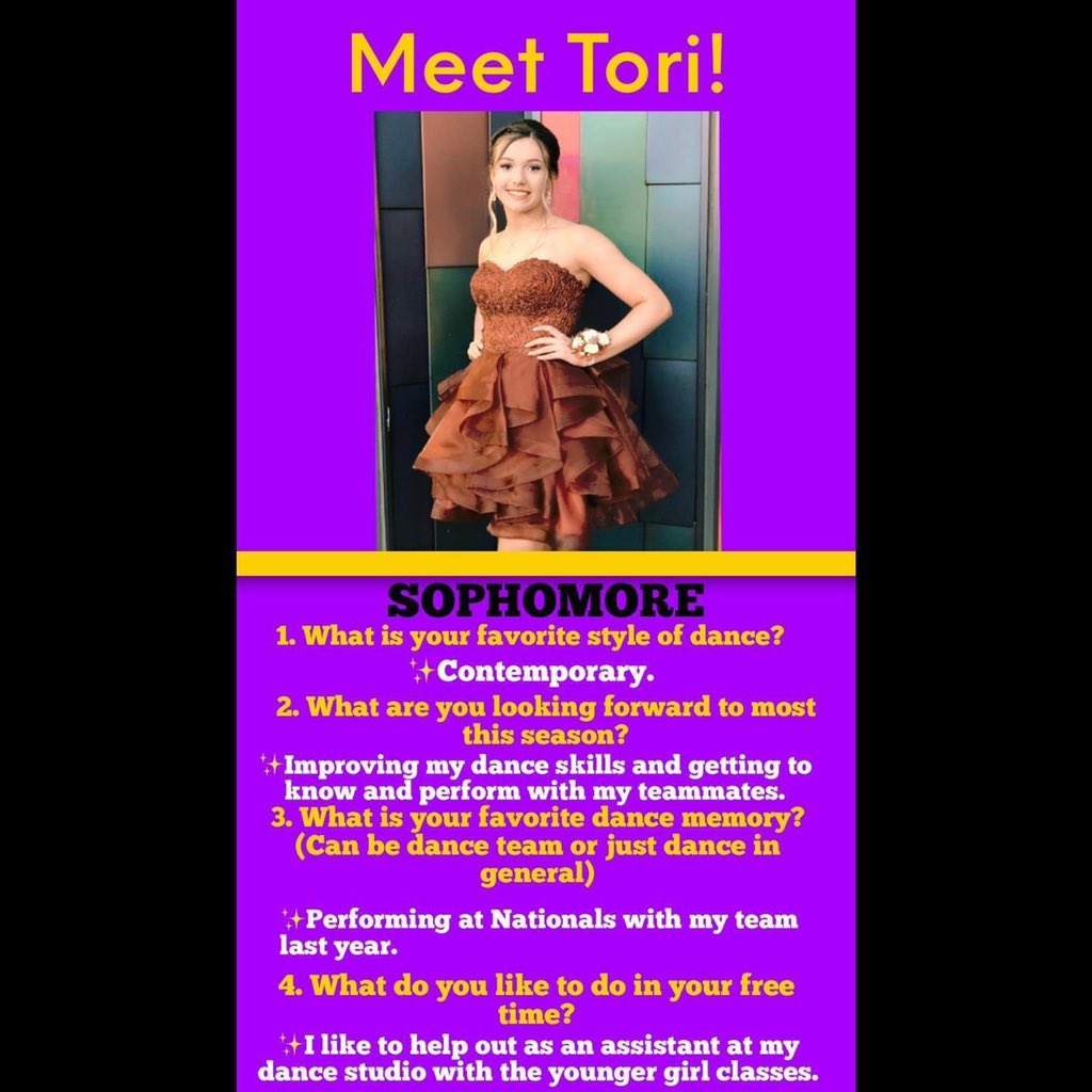 BeltonDance's tweet photo. Dancer Spotlight ✨• Meet Tori, she will be a sophomore on the 2020-2021 Belton Dance Team! 💜⚓️ https://t.co/rAROO5cdZD