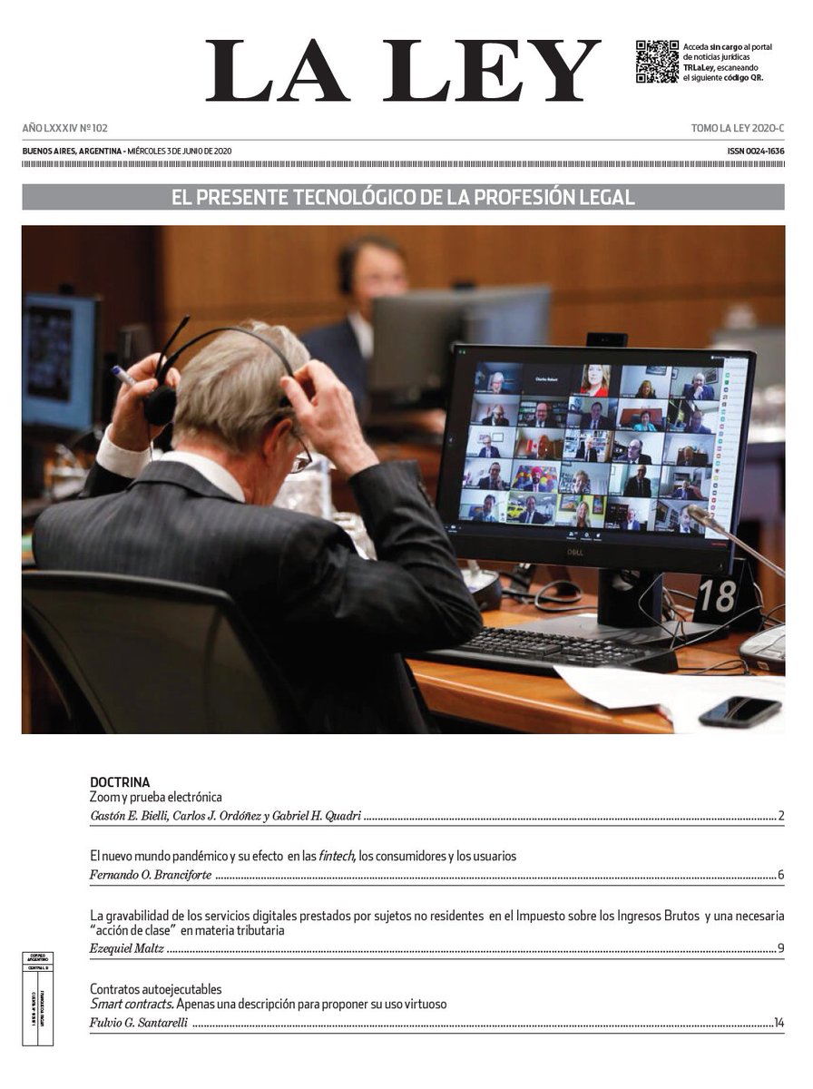 LaLeyRedaccion's tweet photo. 📰[ H O Y en el #DiarioLaLey ] #EdiciónEspecial sobre el presente tecnológico de la profesión legal‼️

👉Zoom y prueba electrónica
👉Fintech, consumidores y usuarios 
👉Gravabilidad de servicios digitales
👉Smart contracts 

Accedé GRATIS acá🔗https://t.co/DuUObcRxpD https://t.co/vCBa0Kq6nc